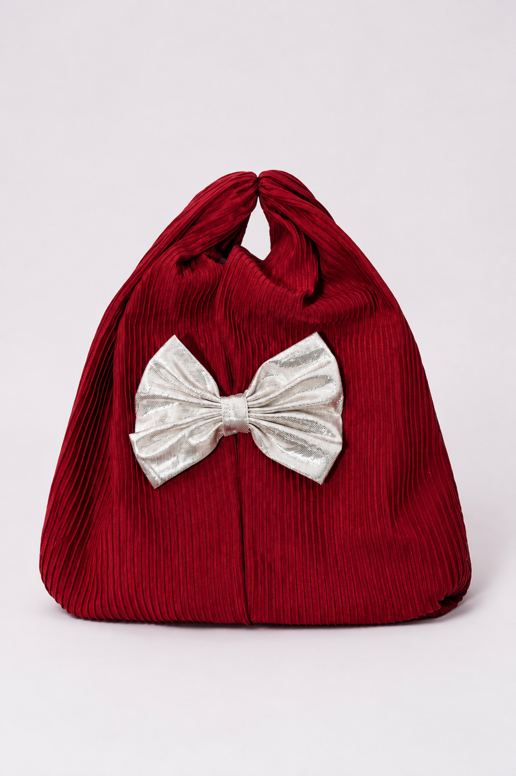 Deep red Pleated Bow Bag with a contrasting silver bow